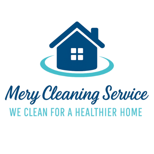 Blue house logo for Mery Cleaning Service with home cleaning slogan
